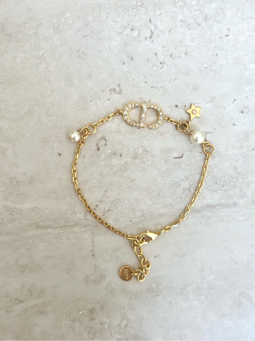 Christian Dior Crystal & Resin Pearl Petit CD Charm Gold Bracelet